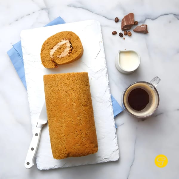 Goldilocks mocha roll cake, sliced, with coffee, creamer, and chocolate on a marble surface.