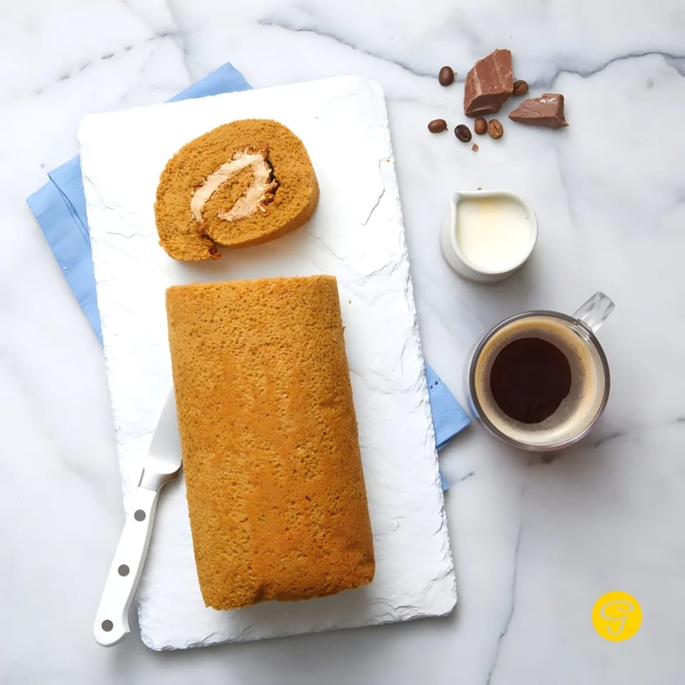 Goldilocks mocha roll cake, sliced, with coffee, creamer, and chocolate on a marble surface.