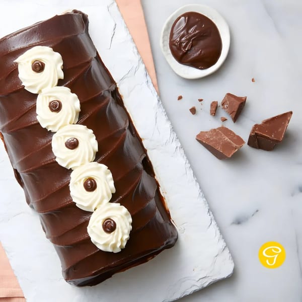 Goldilocks' chocolate cake roll with white frosting rosettes, chocolate sauce, and chocolate chunks.