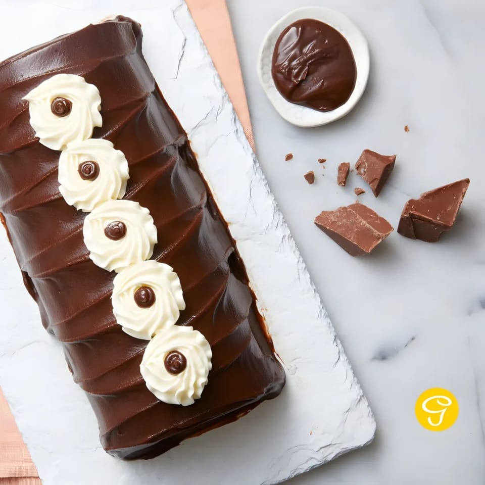Goldilocks' chocolate cake roll with white frosting rosettes, chocolate sauce, and chocolate chunks.