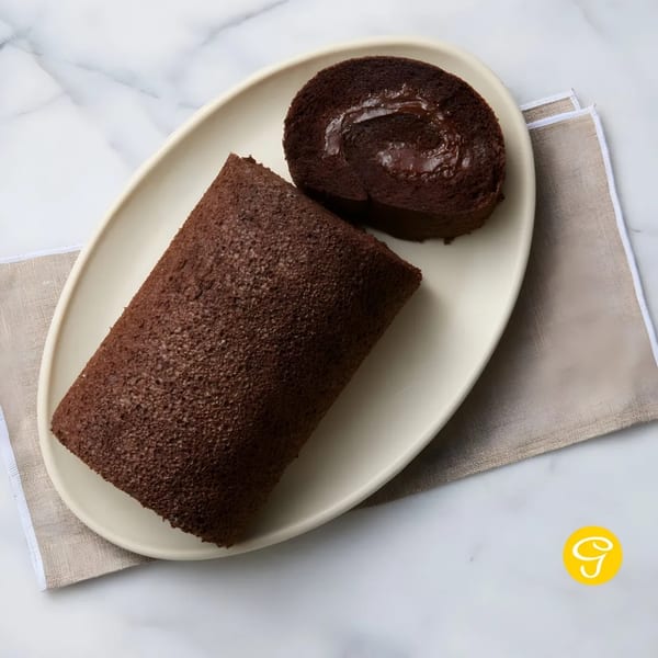Goldilocks' chocolate roll cake, one whole and one slice showing creamy filling, on a white plate.