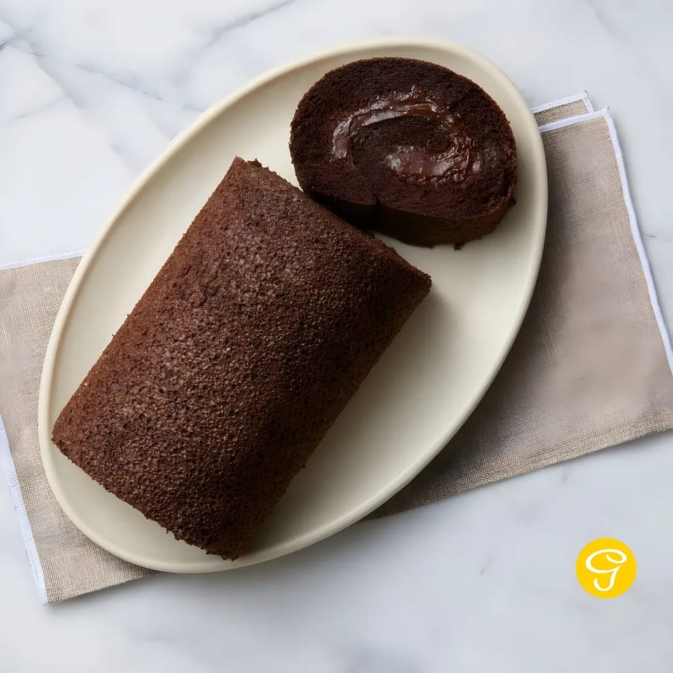 Goldilocks' chocolate roll cake, one whole and one slice showing creamy filling, on a white plate.
